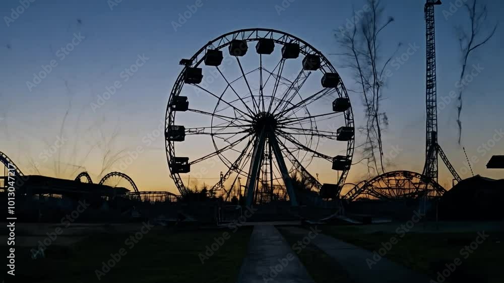 Silhouette of a Ferris wheel and roller coaster at dusk. Silhouette of a Ferris wheel and roller coaster at dusk.