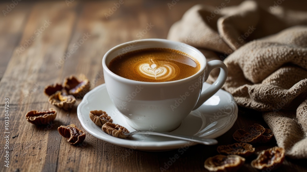Fototapeta premium A cup of coffee with latte art and dried figs on a wooden table with a cozy blanket.