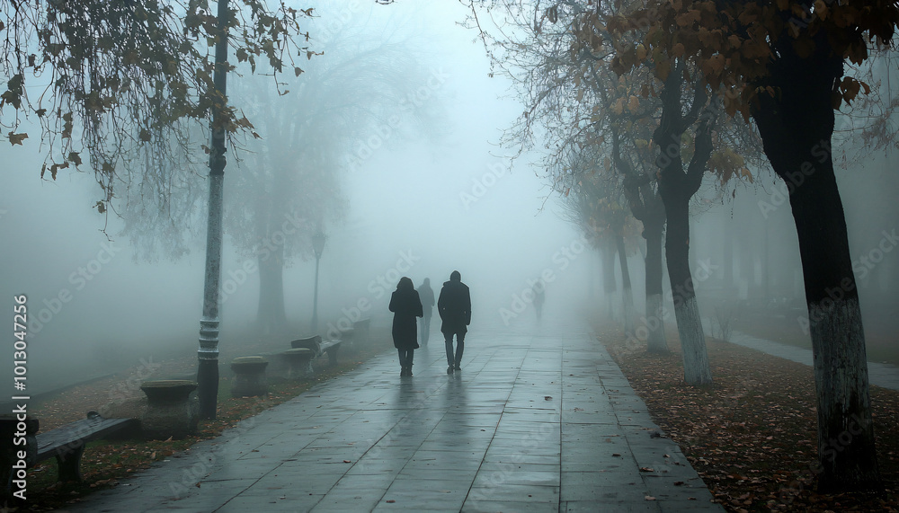 Capture people walking through a fog-covered park or forest, using the mist to create a dreamy, ethereal effect Capture people walking through a fog-covered park or forest, using the mist to create a dreamy, ethereal effect
