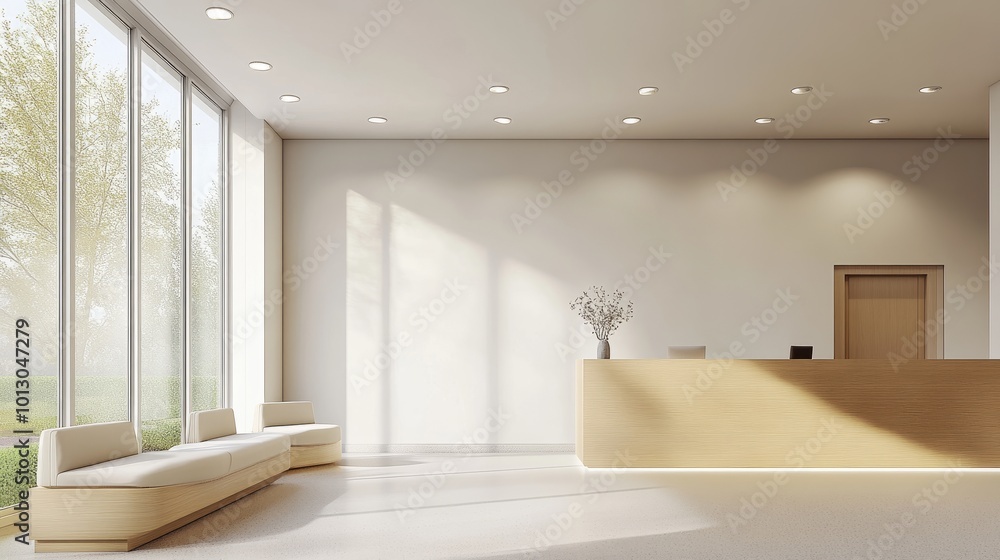 Fototapeta premium Waiting area with light wood reception desk, LED ceiling lights, light-colored walls, minimalist style, clear windows