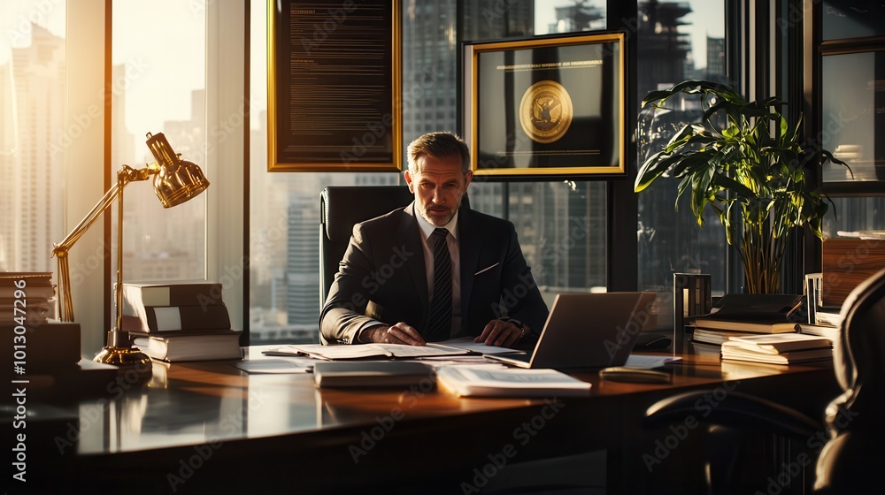 A lawyer attentively consults with a client at a desk in a bright office, discussing important legal issues in the late afternoon. Generative AI A lawyer attentively consults with a client at a desk in a bright office, discussing important legal issues in the late afternoon. Generative AI