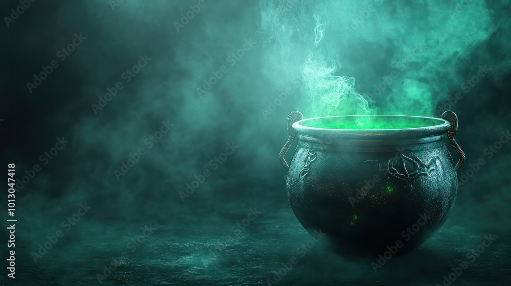 Cauldron with green glowing potion isolated on a dark foggy background Cauldron with green glowing potion isolated on a dark foggy background