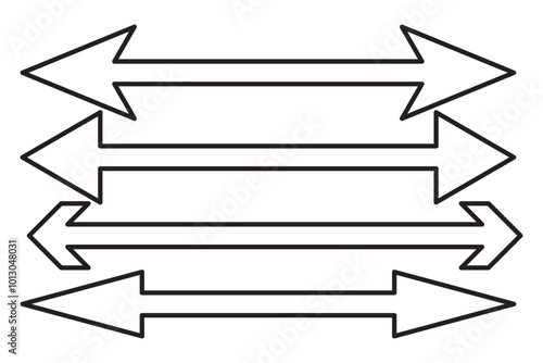 Horizontal dual sided long straight arrow signs. Black, red, stock pointer, direction, position symbol and double arrow icon isolated on white background. Vector graphic illustration