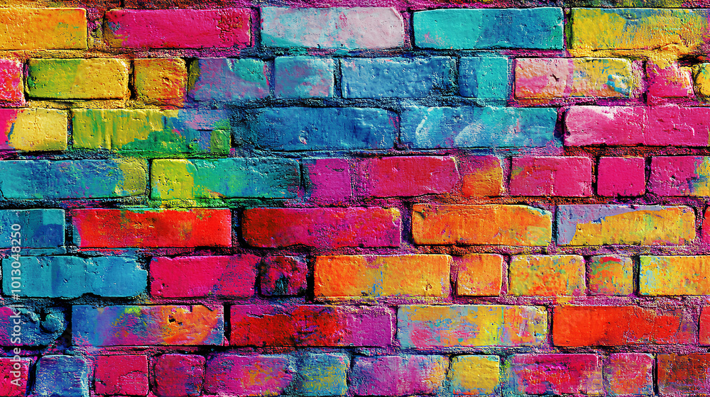 Fototapeta premium Bright pop art graffiti wall textured background wallpaper design. Vivid neon color palette 