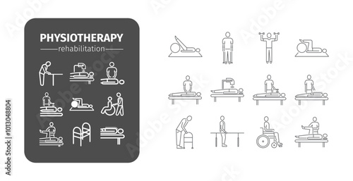 Physiotherapy line icons, rehabilitation center. Physical exercise, gymnastics. Design of web graphics.