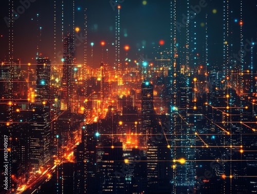 Futuristic city skyline at night, illuminated by vibrant lights and digital data streams, symbolizing technology and innovation.