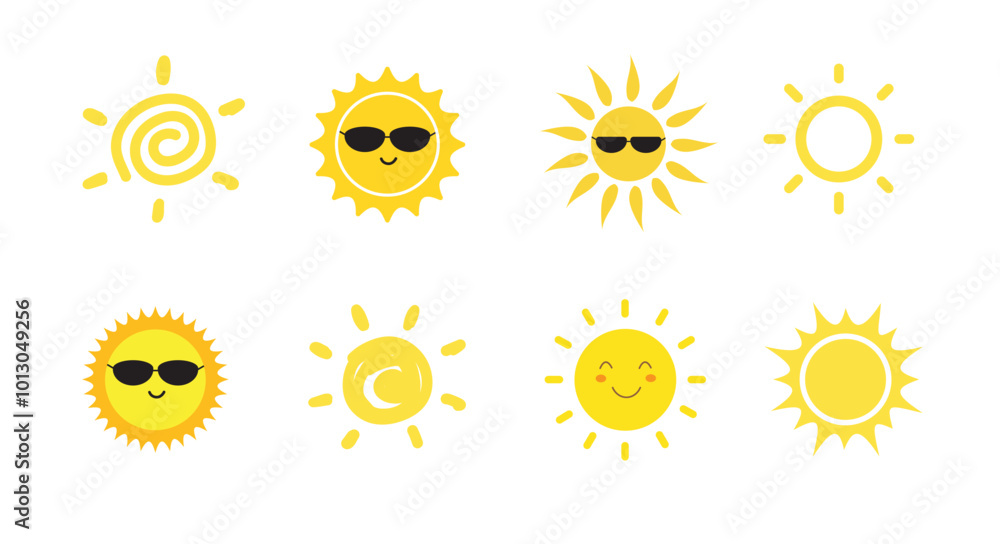 Hand drawn Sun. Set of Sun icon. Sun wearing sunglasses. Solar icon. Cute sun. Vector illustration Hand drawn Sun. Set of Sun icon. Sun wearing sunglasses. Solar icon. Cute sun. Vector illustration
