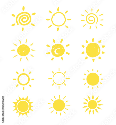 Adobe IlHand drawn Sun. Sun icon set. Doodle children drawing. Solar icon. weather sign. Vector illustration