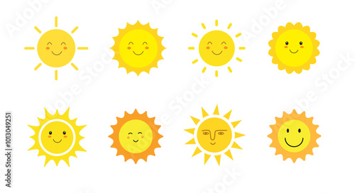 Sun smile icon set. Happy smiling sun. Cute sun. Sunshine emoji. Funny emotion. Vector illustration