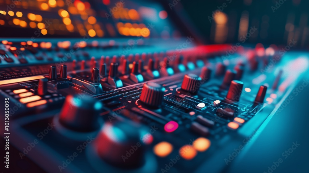 Empty professional studio used in music industry for producing tracks, mixing console and technical equipment in control room. Electronic panel board with sliders and buttons, daw software.
Empty professional studio used in music industry for producing tracks, mixing console and technical equipment in control room. Electronic panel board with sliders and buttons, daw software.