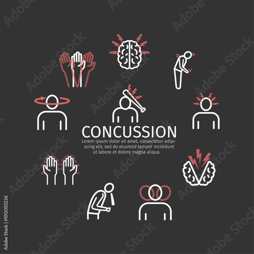 Line icons illustrating concussion symptoms and treatments, vector graphics for web use.