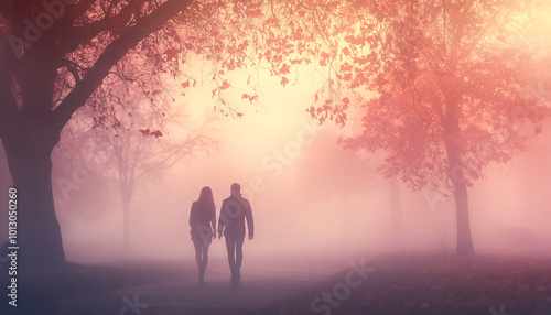 Capture people walking through a fog-covered park or forest, using the mist to create a dreamy, ethereal effect