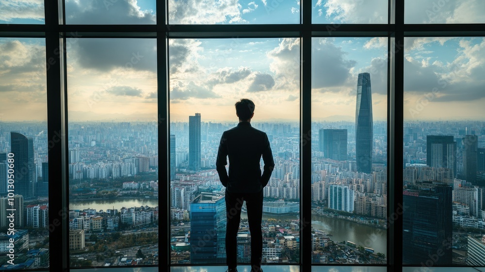 Man Standing by Large Window in Modern Office Man Standing by Large Window in Modern Office