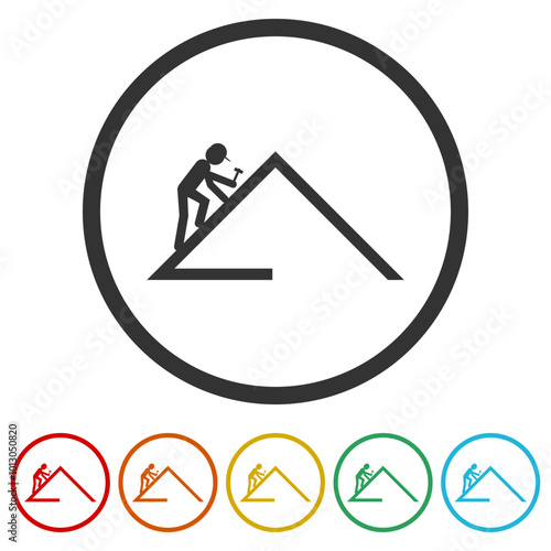 Roofer at work icon. Set icons in color circle buttons