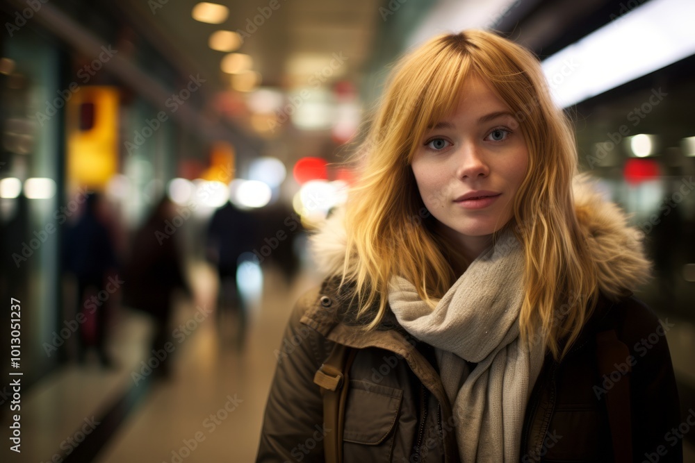Blonde girl in a subway station with lights in the background. Blonde girl in a subway station with lights in the background.