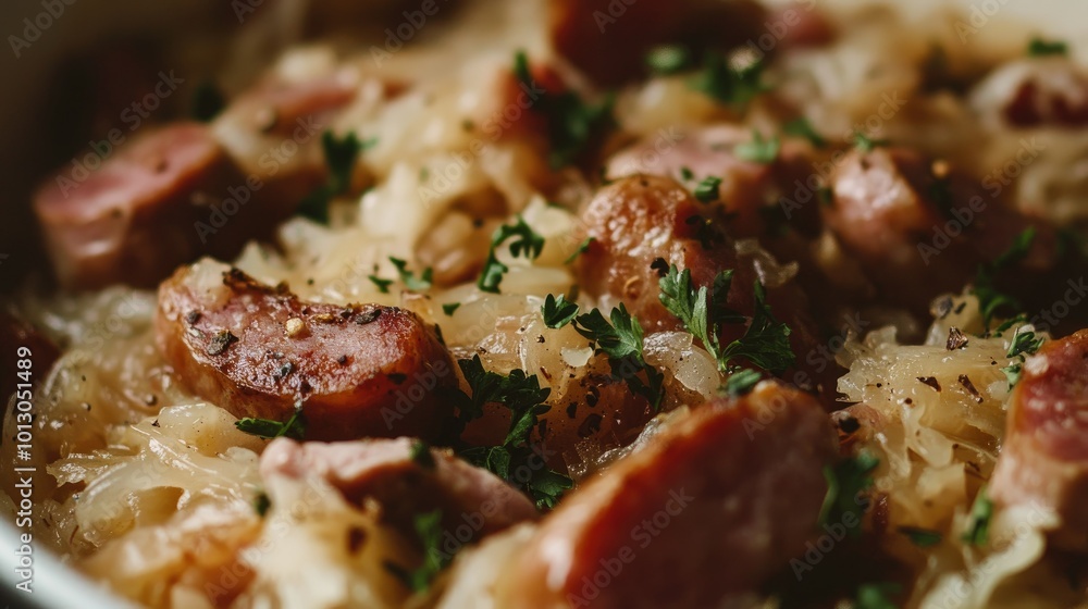 Close-Up of Choucroute Garnie with Smoked Sausages Close-Up of Choucroute Garnie with Smoked Sausages