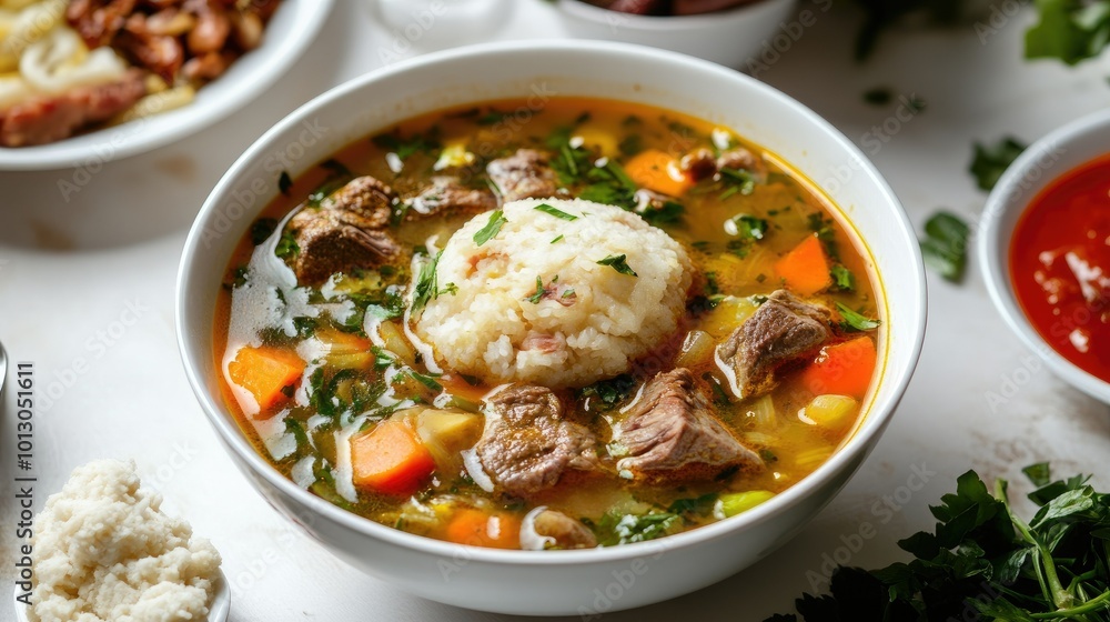 Colorful Nigerian Soup with Fresh Vegetables and Meats Colorful Nigerian Soup with Fresh Vegetables and Meats