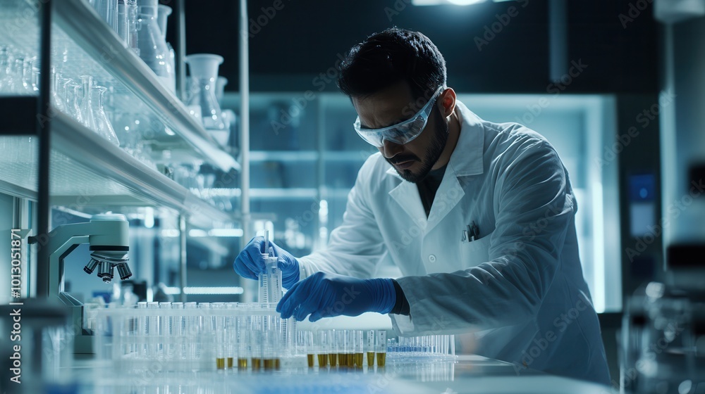 A scientist is focused on carefully managing test tubes and samples while wearing a lab coat, gloves, and protective eyewear in the lab. Generative AI A scientist is focused on carefully managing test tubes and samples while wearing a lab coat, gloves, and protective eyewear in the lab. Generative AI