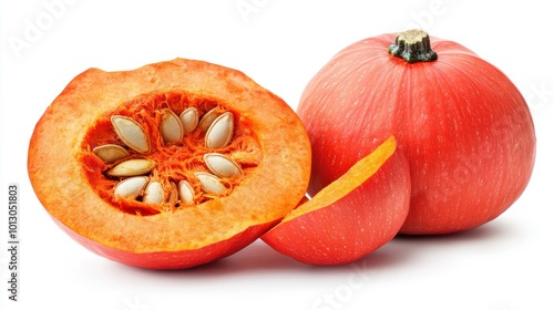 Group of one whole one half of fresh red kuri pumpkin hokkaido variety with seeds isolated on white background photo