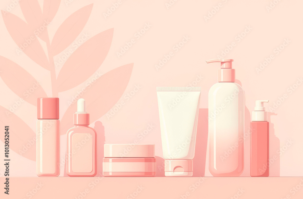 Bottles and jars with personal hygiene products on a delicate background. Illustration Bottles and jars with personal hygiene products on a delicate background. Illustration