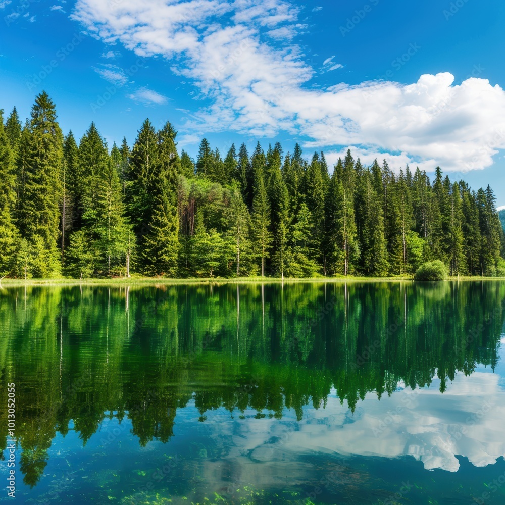 Serene Crystal Clear Lake Reflecting Lush Forest Serene Crystal Clear Lake Reflecting Lush Forest