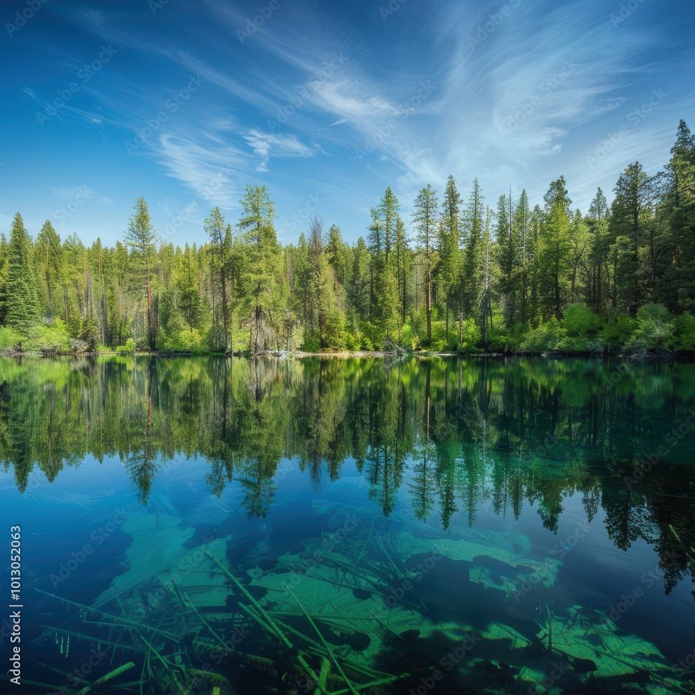 Obraz premium Reflective Crystal Lake Surrounded by Lush Forest