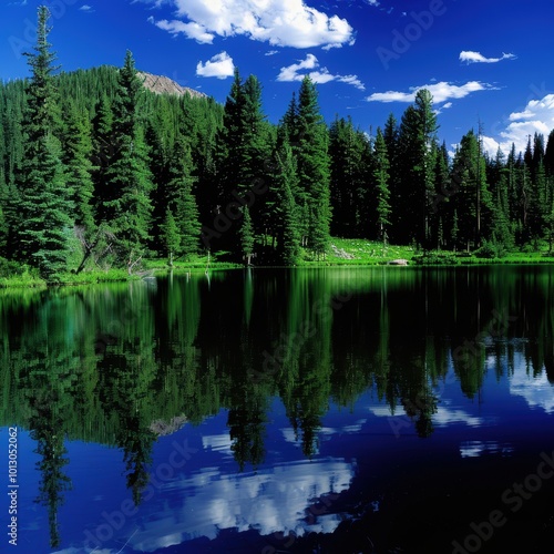 Tranquil Reflection in a Clear Lake Surrounded by Forest