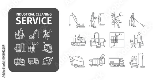 Industrial Cleaning Service. Worker. Vacuum Scrubber. Sweeper Machines. Vector graphics for web use.