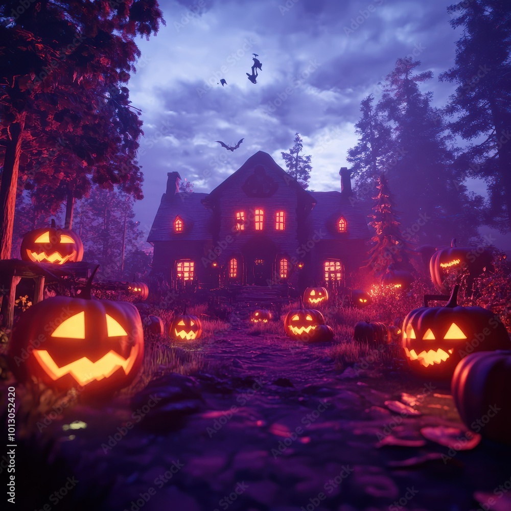 Halloween background with pumpkins and haunted house - 3D render. Halloween background with Evil Pumpkin. Spooky scary dark Night forrest. Holiday event halloween banner background concept Halloween background with pumpkins and haunted house - 3D render. Halloween background with Evil Pumpkin. Spooky scary dark Night forrest. Holiday event halloween banner background concept