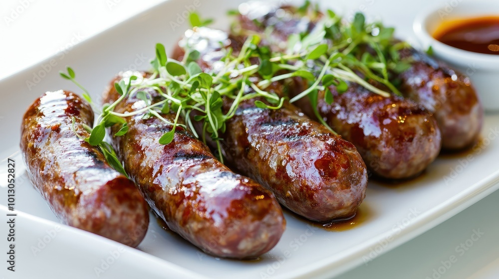Savory Beef Sausages Garnished on White Plate Savory Beef Sausages Garnished on White Plate
