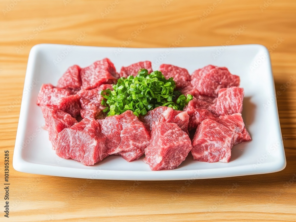 Neatly Arranged Diced Beef for Yakiniku Cooking Neatly Arranged Diced Beef for Yakiniku Cooking