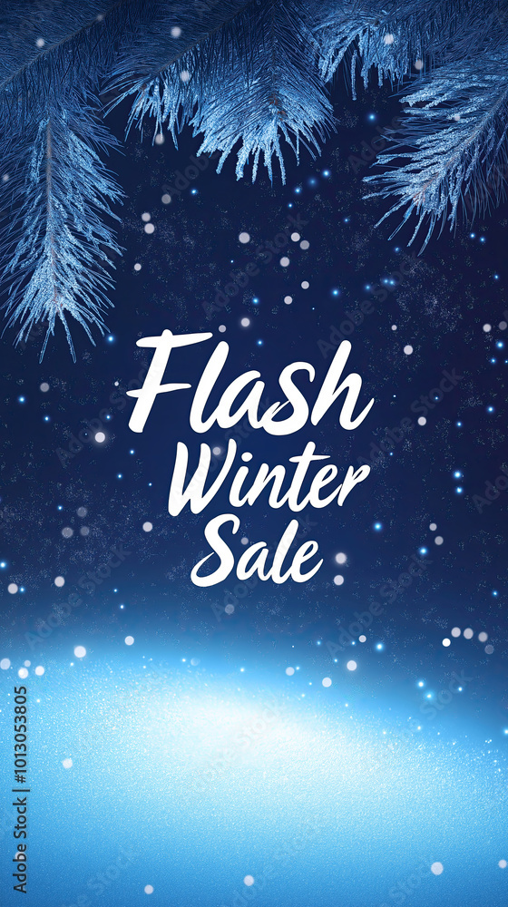 Winter sale promotion with a snowy background and bold white text. Winter sale promotion with a snowy background and bold white text.