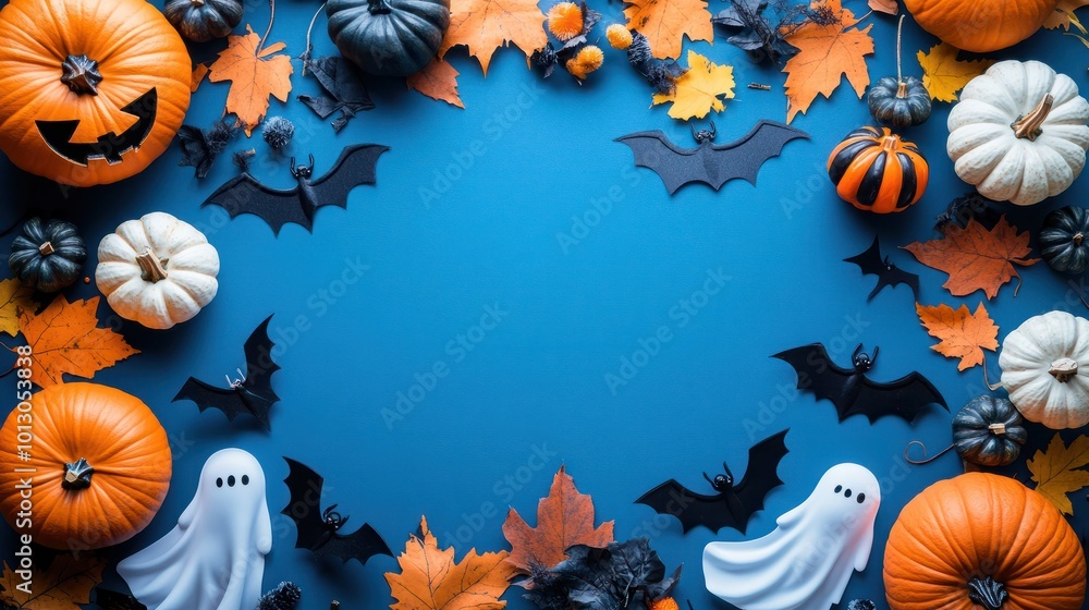 Halloween frame with party decorations of pumpkins, bats, ghosts, spiders on blue background from above. Happy halloween card in flat lay style. Halloween frame with party decorations of pumpkins, bats, ghosts, spiders on blue background from above. Happy halloween card in flat lay style.