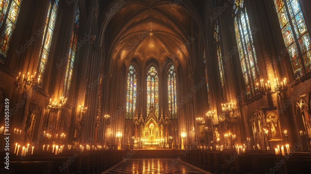 Candlelit church interior with stained glass windows. Candlelit church interior with stained glass windows.