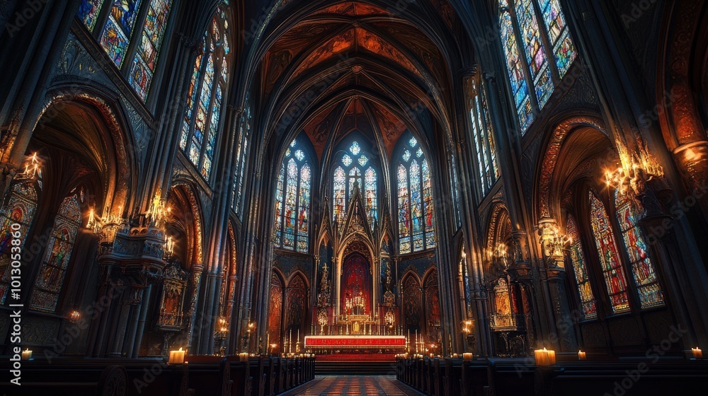 Dark cathedral interior with stained glass. Dark cathedral interior with stained glass.