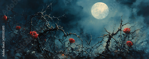 Gothic rose garden, thorns and shadows, full moon, Watercolor style photo