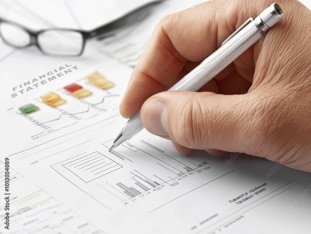 Close-up of an auditor's hand holding a pen while reviewing financial statements and reports, ensuring accuracy and compliance in financial auditing. Close-up of an auditor's hand holding a pen while reviewing financial statements and reports, ensuring accuracy and compliance in financial auditing.
