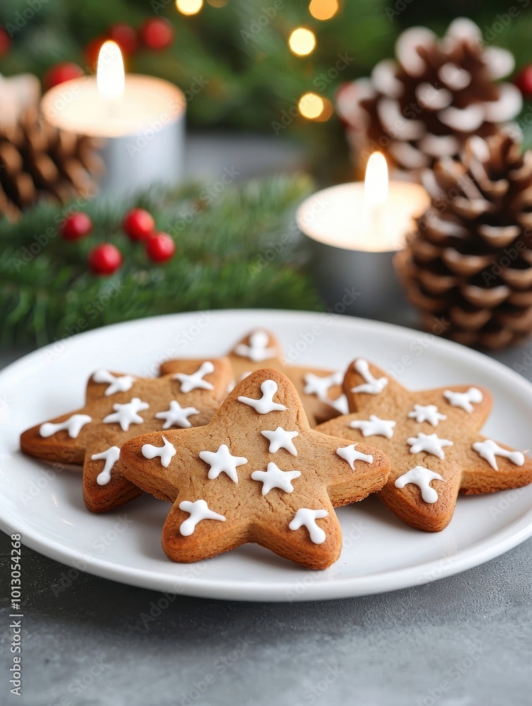 Christmas Star Shaped Cookies on White Plate with Pine Cones and Candles Christmas Star Shaped Cookies on White Plate with Pine Cones and Candles