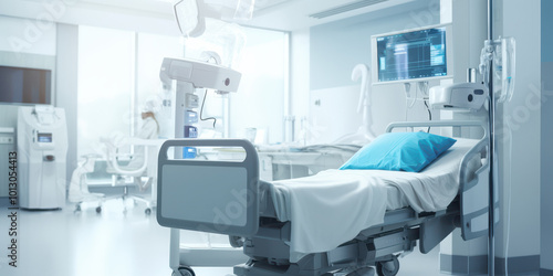 Empty hospital room with medical equipment, including a chair and a bed