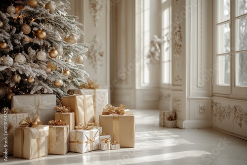 Many wrapped gifts under the Christmas tree, in beige and gold colors, Christmas tree decorations. Concept for celebrating New Year and Christmas