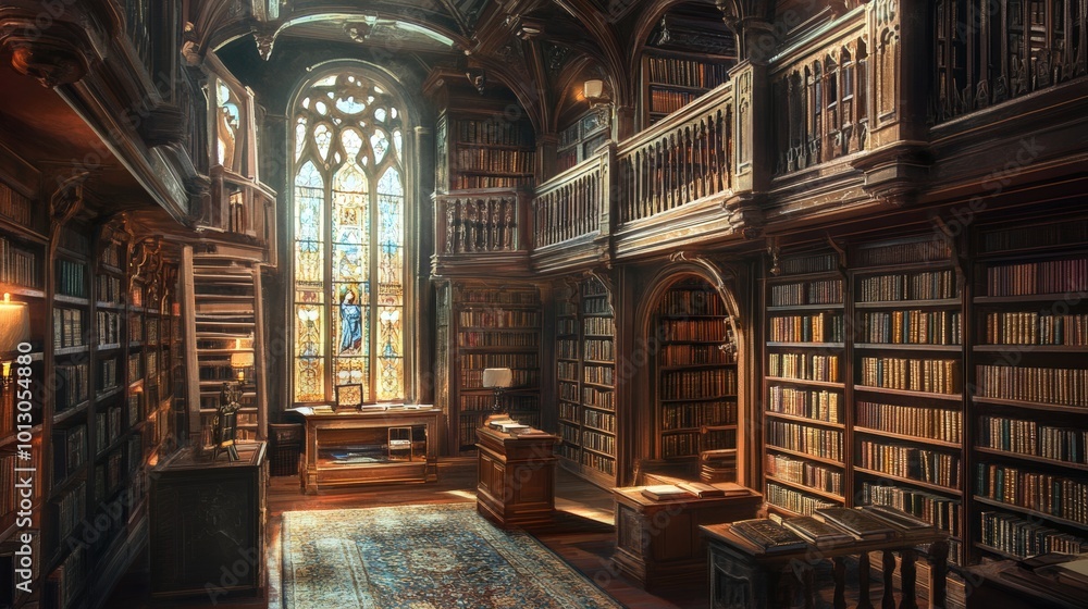 Fototapeta premium A grand, antique library with stained glass window.