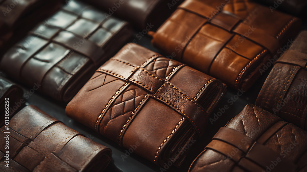 Naklejka premium Handmade leather wallets in various shades and textures, showcasing craftsmanship