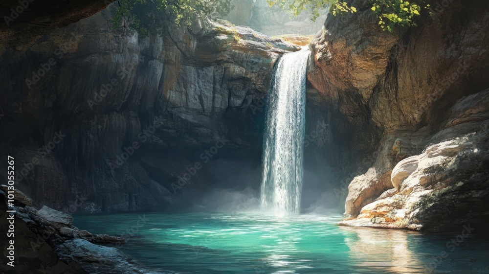 An underground waterfall plunging into a pool, gradually deepening the cave over time An underground waterfall plunging into a pool, gradually deepening the cave over time