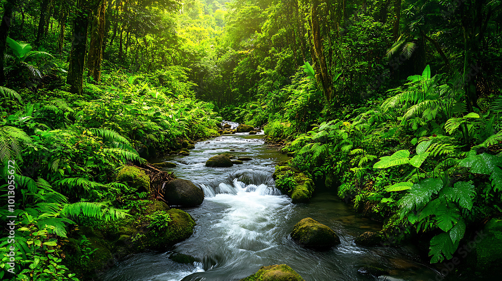 large river flows through lush forest, surrounded by vibrant greenery and tranquility large river flows through lush forest, surrounded by vibrant greenery and tranquility