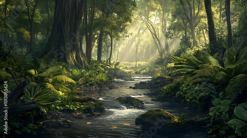 serene river flows through vibrant forest, surrounded by lush greenery and sunlight