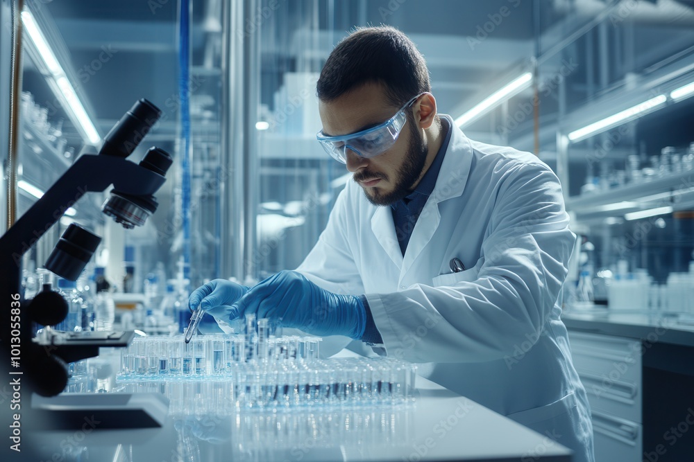 The scientist focuses intently on carefully transferring samples between test tubes while ensuring laboratory safety protocols are followed. Generative AI The scientist focuses intently on carefully transferring samples between test tubes while ensuring laboratory safety protocols are followed. Generative AI