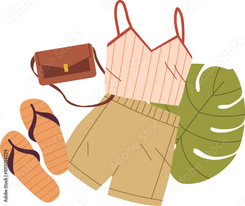 Casual Summer Outfit with Accessories. A summer outfit featuring a camisole top, shorts, and stylish accessories like a handbag and sandals for a trendy warm-weather look