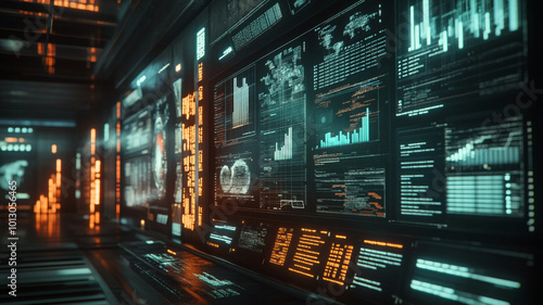 Futuristic control room filled with interactive data displays and analytics during nighttime hours