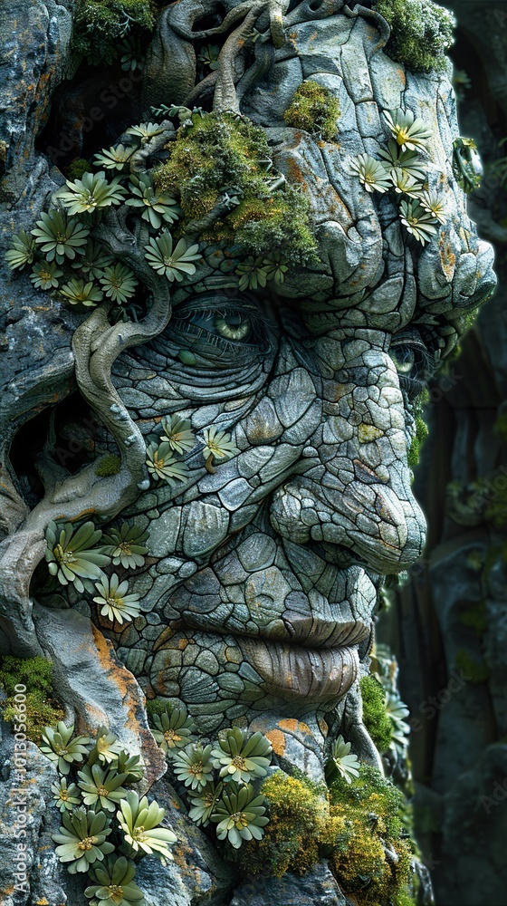 Stone Face with Green Moss and Flowers - Nature Art Stone Face with Green Moss and Flowers - Nature Art