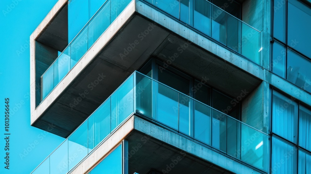Obraz premium Abstract Architecture: A Modern Building with Blue Glass Balconies